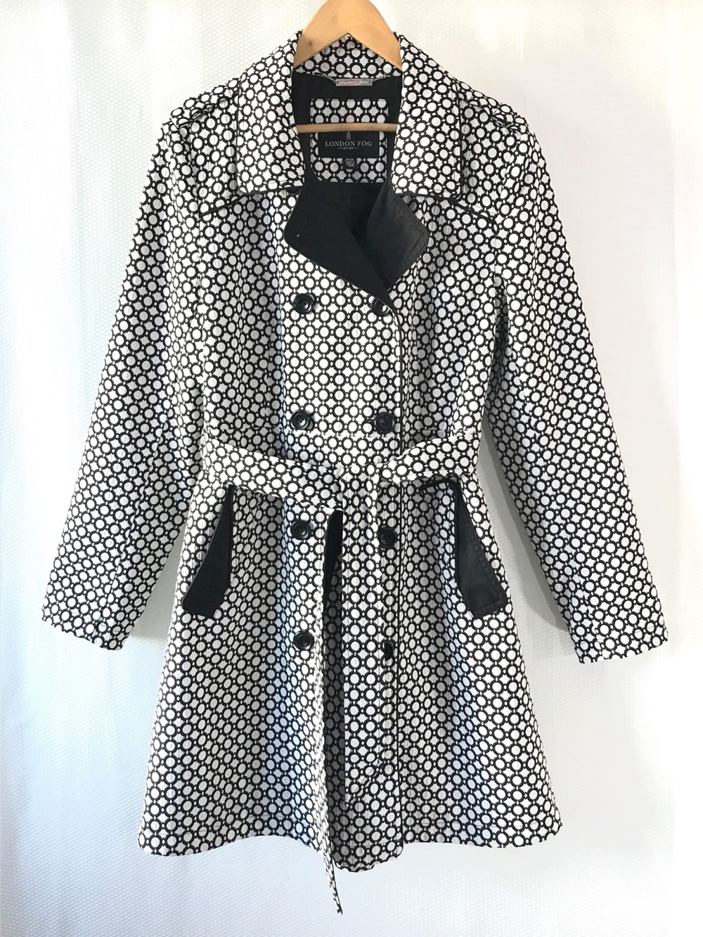 LONDON FOG Belted Trench Coat Black White Medium